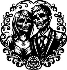 sketch vector illustration silhouette design icon logo symbol couple zombie skull ethnic traditional vintage full engraving classic 