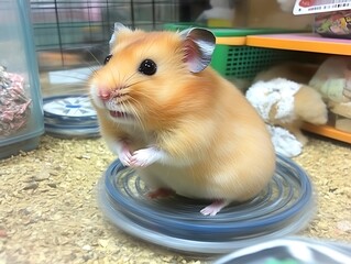 Adorable hamster sitting atop a rotating wheel with small paws