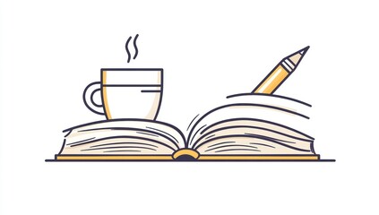 Open book, coffee cup, and pencil.  A simple illustration of a book, open and ready to read, with a cup of hot beverage and a writing utensil, symbolizing study