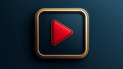 Red Play Button: 3D Render of a Gold-Framed Icon on Deep Blue Background AI Generated
