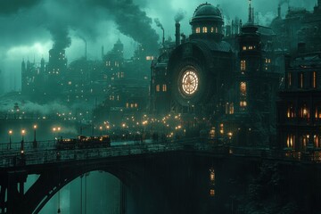 Victorian-style city street illuminated by glowing lanterns at night