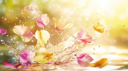 Vibrant Water Splash with Floating Petals, Capturing Joy and Celebration in Motion