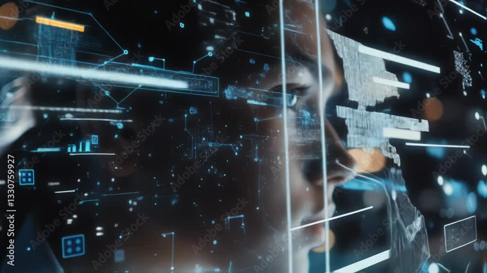 Poster software engineer working on futuristic transparent display analyzing data and digital information, 