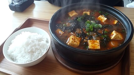 Spicy Tofu Stew With Rice Dish On Wooden Tray