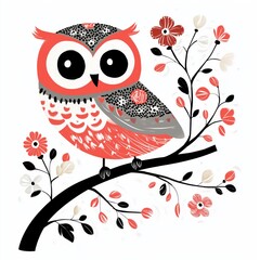Fototapeta premium A stylized cartoon owl, pinkish-red with gray-white plumage details and large, round eyes, perched on a black twig with decorative swirling floral patterns and small red and white flowers