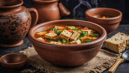 Veggie soup with tofu served in a clay pot.