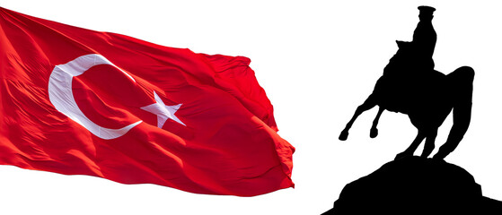 Turkish flag with a silhouette of Ataturk on rearing horse against isolated white background....