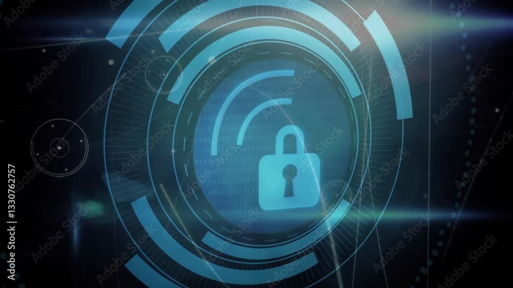 Poster animation of digital padlock with binary code and circular interface elements