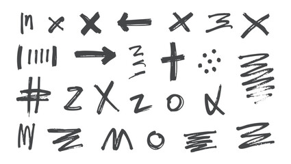 Hand-drawn brush stroke shapes with abstract doodles, grunge texture, and sketch elements. Black ink scribbles, arrows, zigzags, circles, and rough crayon effects for creative design.  
