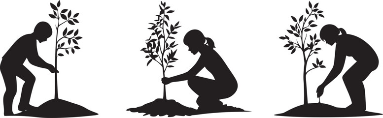 Silhouette of a person planting a tree vector silhouette