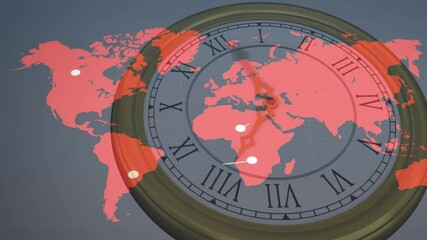 Animation of clock face overlaying red world map with highlighted locations - Powered by Adobe