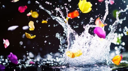 Vibrant Water Splash with Floating Petals, Capturing Joy and Celebration in Motion