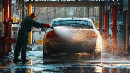 A man is washing a car in a car wash. The car is covered in water and soap