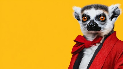 Stylish Lemur in a Red Suit on Yellow Background