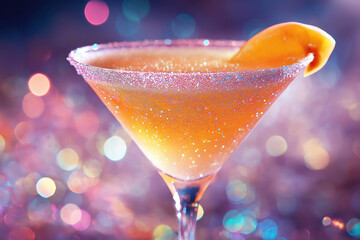 sparkling peach martini with a sugared rim and citrus garnish, served in a glamorous setting