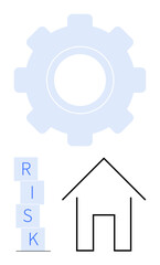 Gear symbolizing mechanisms, RISK stacked on blocks, and house outline represent process, stability, and safety. Ideal for strategy, insurance, housing planning innovation and economy. Abstract