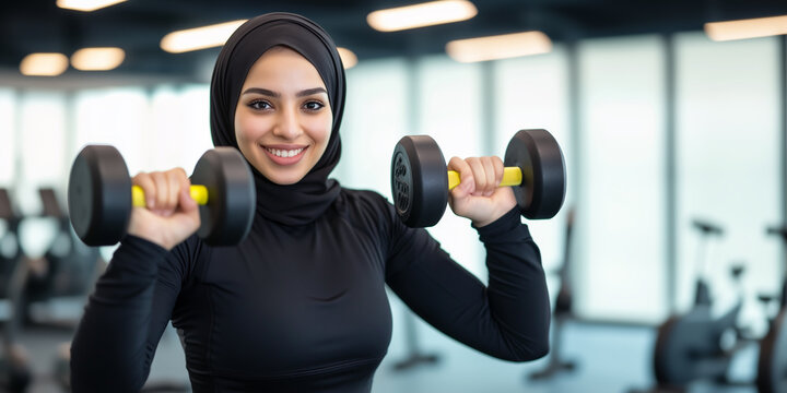 A confident smiling muslim woman in a hijab training in modern gym. Have fun of fitness, strength, dedication to a healthy and active lifestyle and motivation.