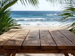 Relaxing beachside view with wooden table tropical paradise landscape serenity nature scene