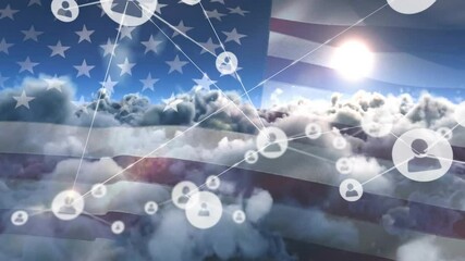 Network of connections and data processing animation over American flag and clouds - Powered by Adobe