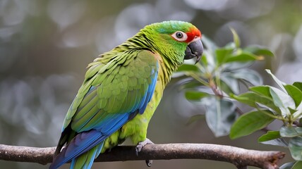 Obraz premium A vibrant green and blue parrot is perched comfortably on a tree branch