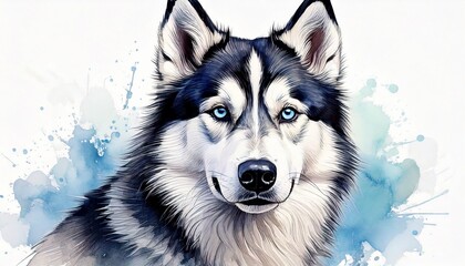 Husky's Gaze: A captivating artwork depicts a striking husky with piercing blue eyes and a majestic presence, rendered in a unique watercolor style against a backdrop of soft hues.