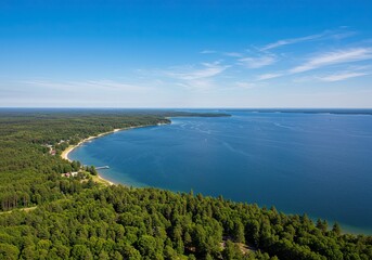 Serene aerial view of coastal forest and tranquil blue lake under clear sky
