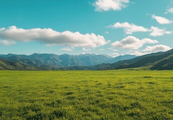 Fototapeta premium Serene Mountain Landscape with Lush Green Grass and Clear Blue Sky, Capturing the Essence of Nature's Beauty