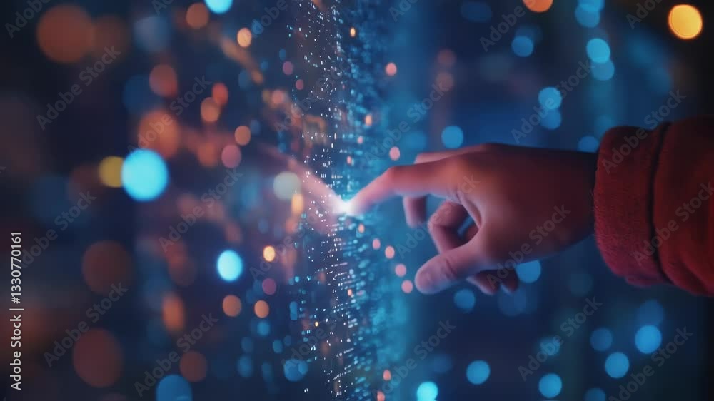 Poster hand interacting with a large, transparent digital screen displaying data points and lines of code, 