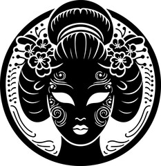vector sketch illustration silhouette design detail beautiful woman geisha dark face ethnic traditional classic vintage japan  