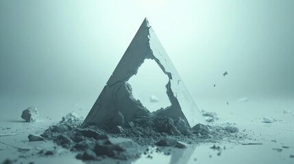 A cracked pyramid displays erosion and fragments in a gradient