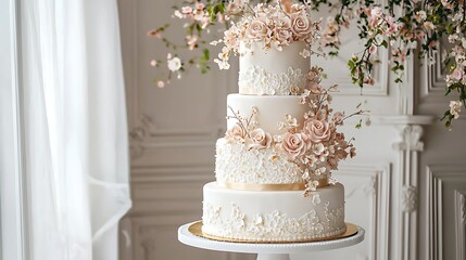 Elegant four-tiered wedding cake adorned with delicate floral details in soft pastel shades.  A display of artistry, showcasing intricate work and beautiful presentation
