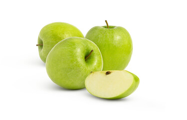 Group of fresh green apples and apple slice isolated 
