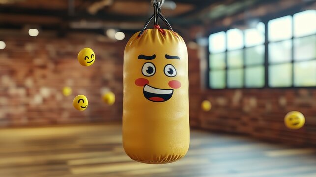 A yellow punching bag with a smiling face on it. The bag is surrounded by several other faces, some of which are sad. Scene is lighthearted and playful