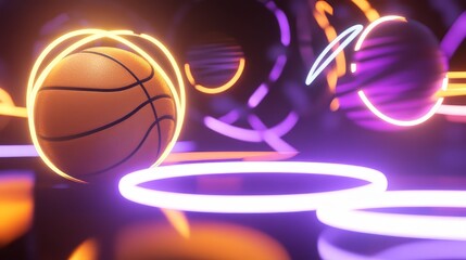 Fototapeta premium A neon basketball is on a beach with neon lights surrounding it. The ball is the main focus of the image, and the neon lights create a vibrant and energetic atmosphere