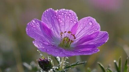 A delicate purple flower glistening with morning dew droplets gently opens