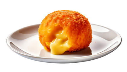 Delicious golden cheese ball bursting with melted cheese, served on a clean white plate for an appetizing presentation.