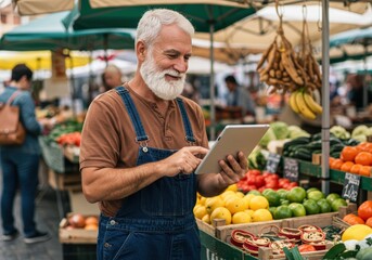 Fototapeta premium Elderly farmer using tablet at vibrant outdoor farmer's market