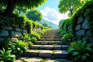 Obraz premium Overgrown, ancient stone steps leading upward to bright sky, outdoor, steps