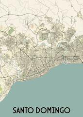The image showcases a detailed map of Santo Domingo, the capital city of the Dominican Republic. The map is rendered in a minimalist style with black lines representing roads and waterways.