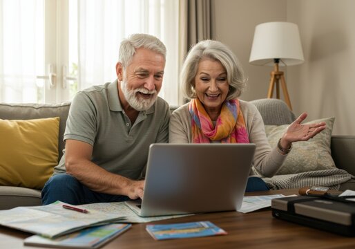 Senior couple planning travel together with laptop and maps at home