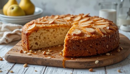 Delicious Almond and Pear Upside Down Cake Sliced on Wooden Board