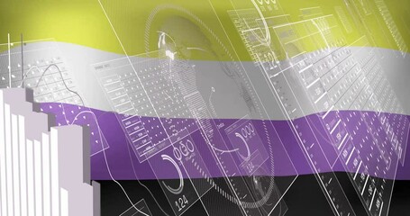 Non-binary pride flag with animation overlay of financial data and cityscape - Powered by Adobe
