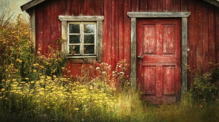 A Rustic Wooden Building Features A Door Window And Field Flowers