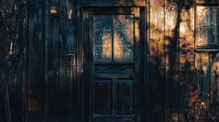 A weathered wooden door is framed by natural sunlight and shadow