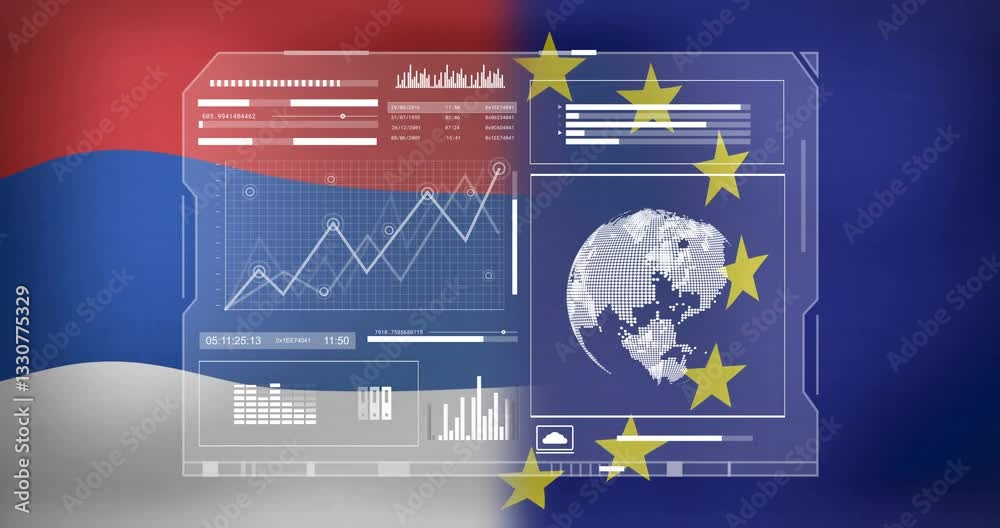Poster serbian and eu flags with digital data and globe animation overlay