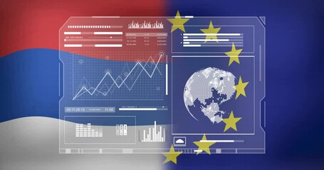 Serbian and EU flags with digital data and globe animation overlay - Powered by Adobe