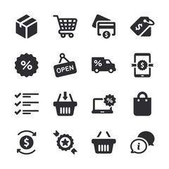 A set of shopping icons including a shopping cart, a box, a laptop