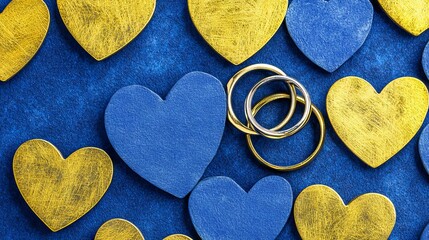 Obraz premium Romantic Gold and Blue Hearts with Wedding Rings