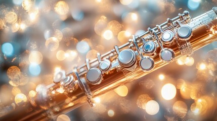 Fototapeta premium A close up view of a golden flute with keys and bokeh
