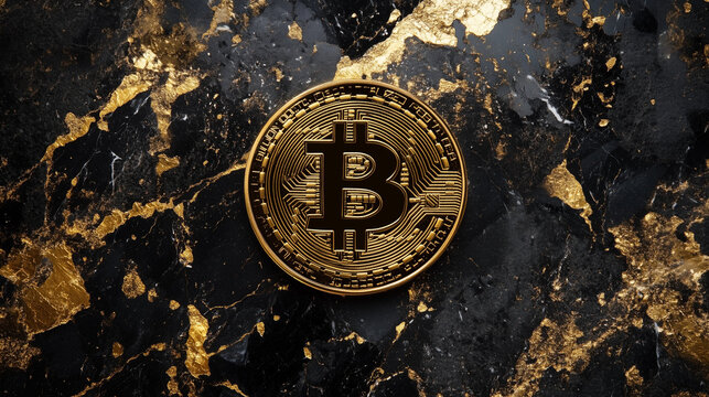 Golden Bitcoin Coin on Black Marble Background &ndash; Cryptocurrency Investment Concept